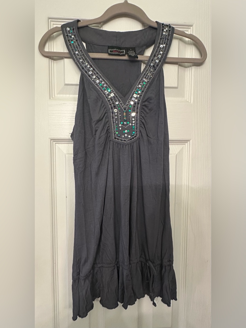 Licorice Gray Beaded V-Neck Tank Top